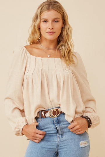 HY6368 Forest Womens Square Neck Box Pleat Detail Top Front